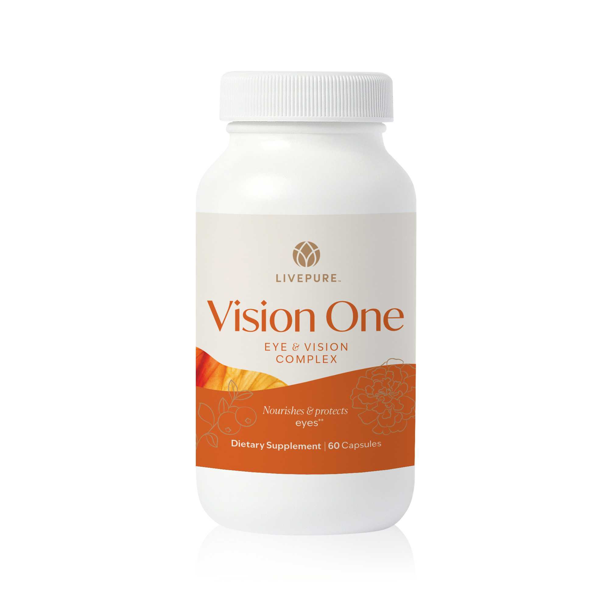 Bottle of Vision One eye health supplement with antioxidant-rich formula. LivePURE supplements.