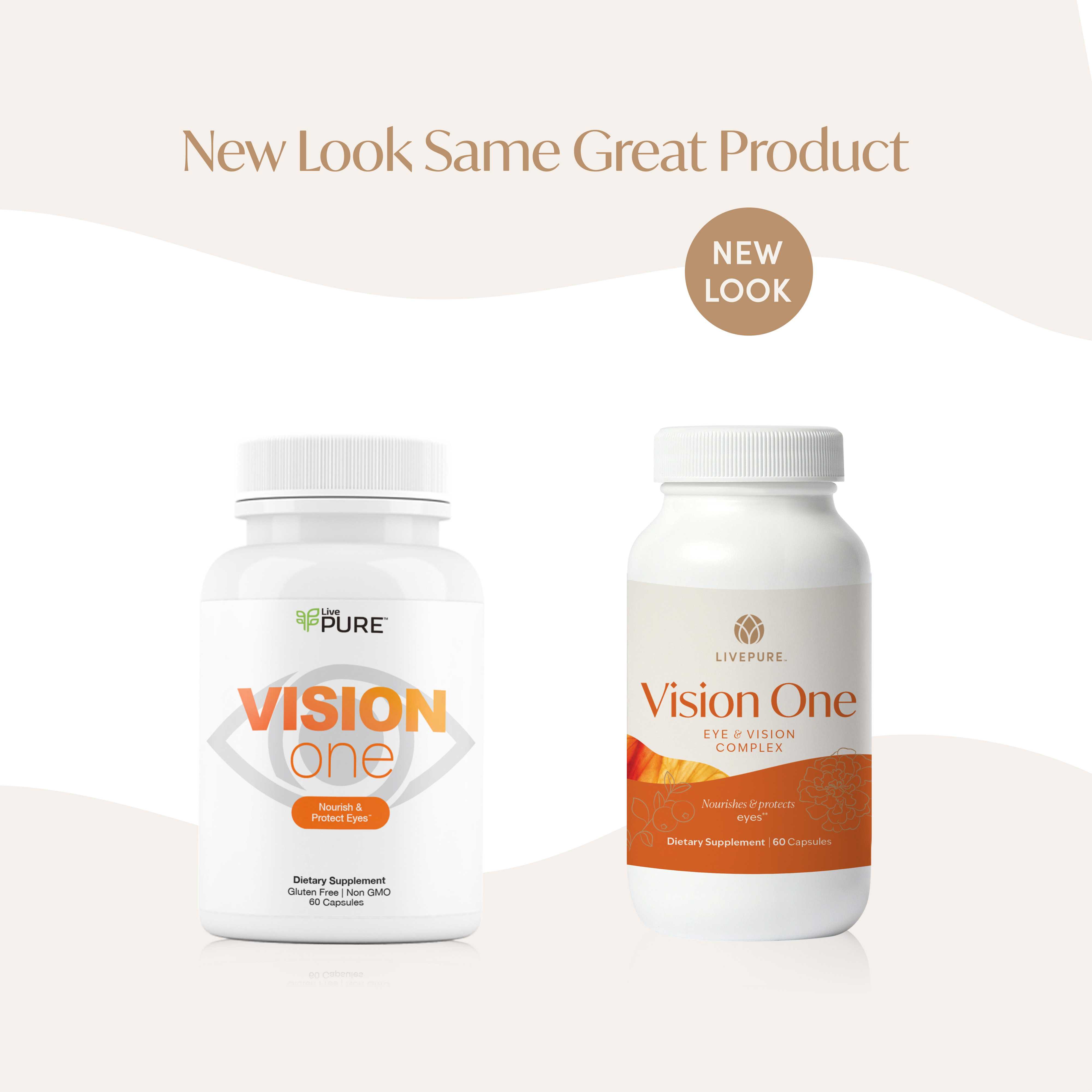 New look. Same great product. Bottle of Vision One eye health supplement with antioxidant-rich formula. LivePURE supplements.