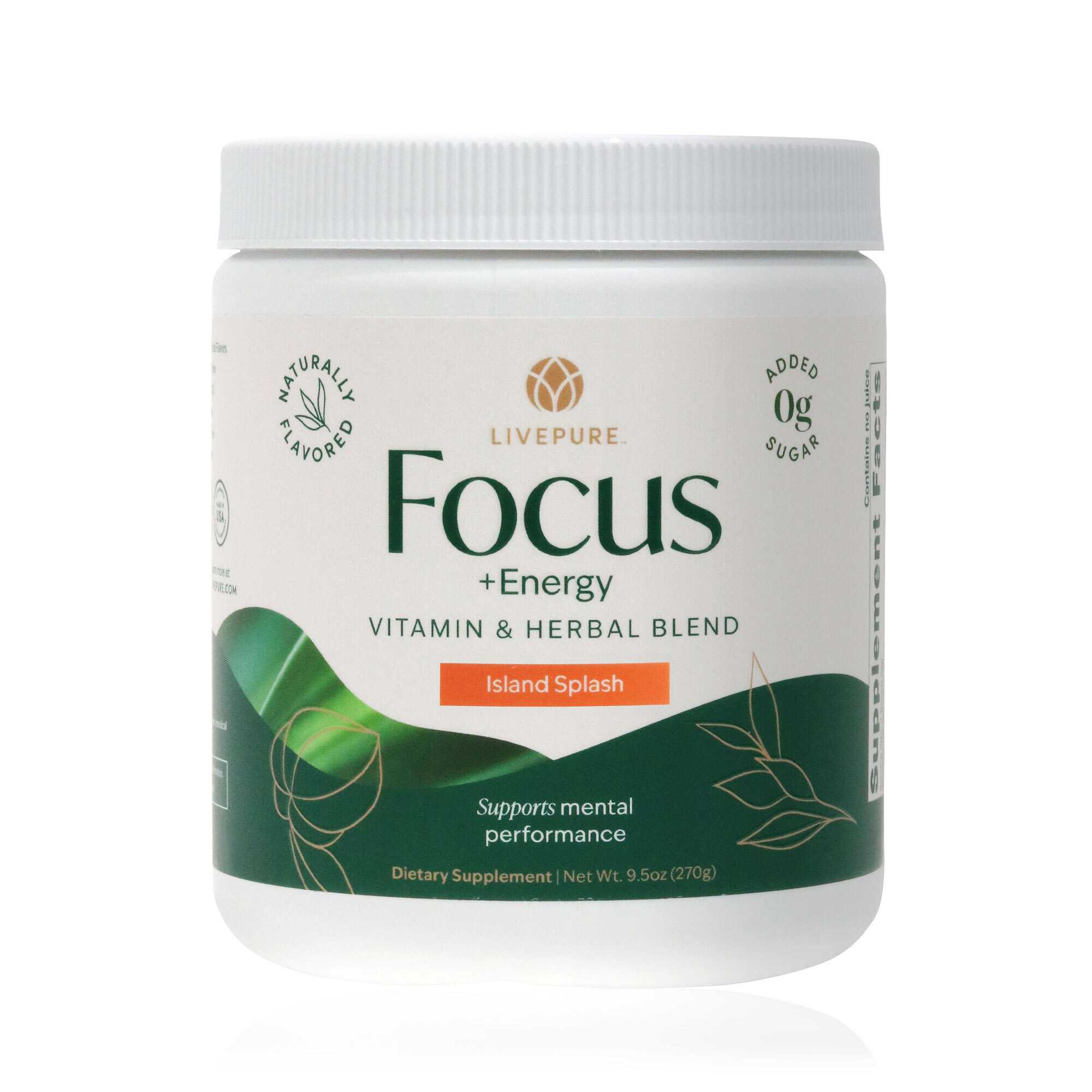 livepure focus + energy, vitamin and herbal drink blend. naturally flavored. zero added sugars, natural sources of caffeine. supports mental performance