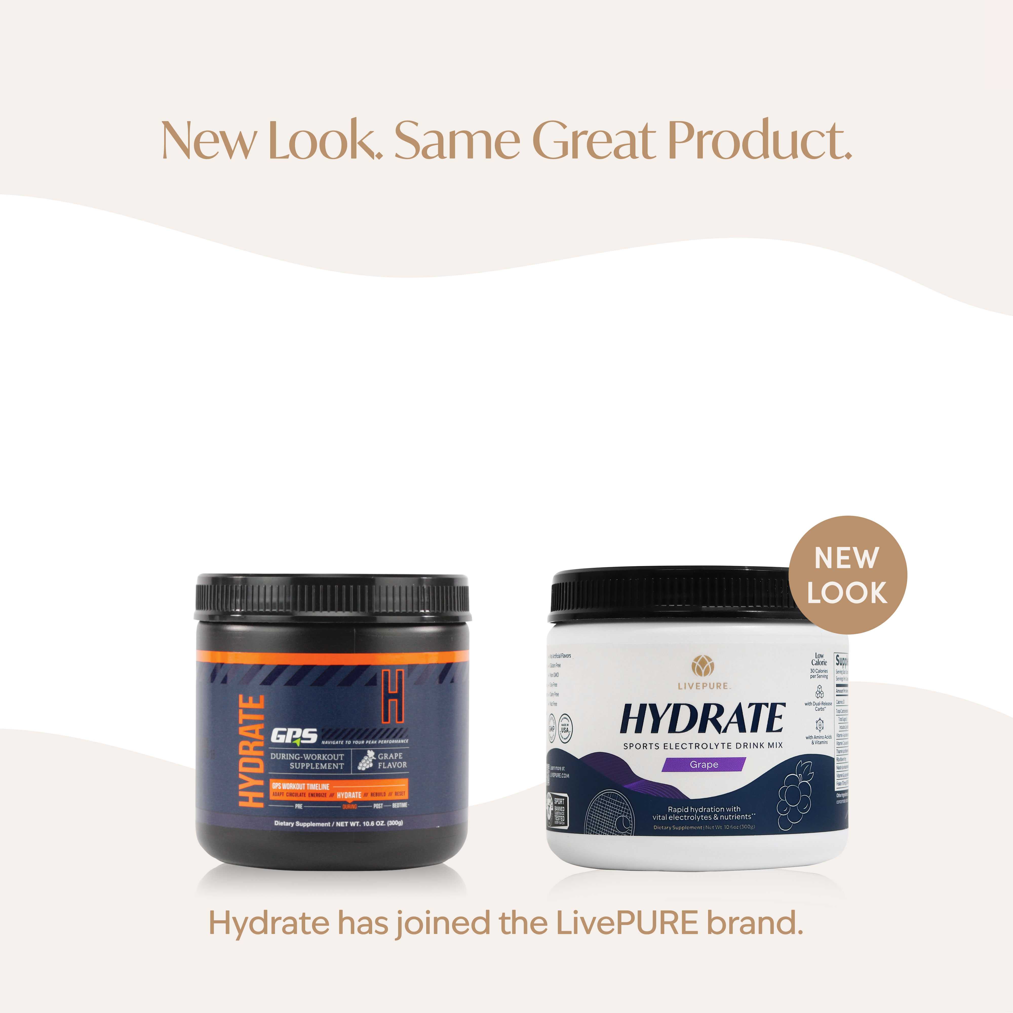 hydrate, sports electrolyte drink mix. grape flavor. rapid hydration with electrolytes and nutrients. informed sport certified. low calorie.