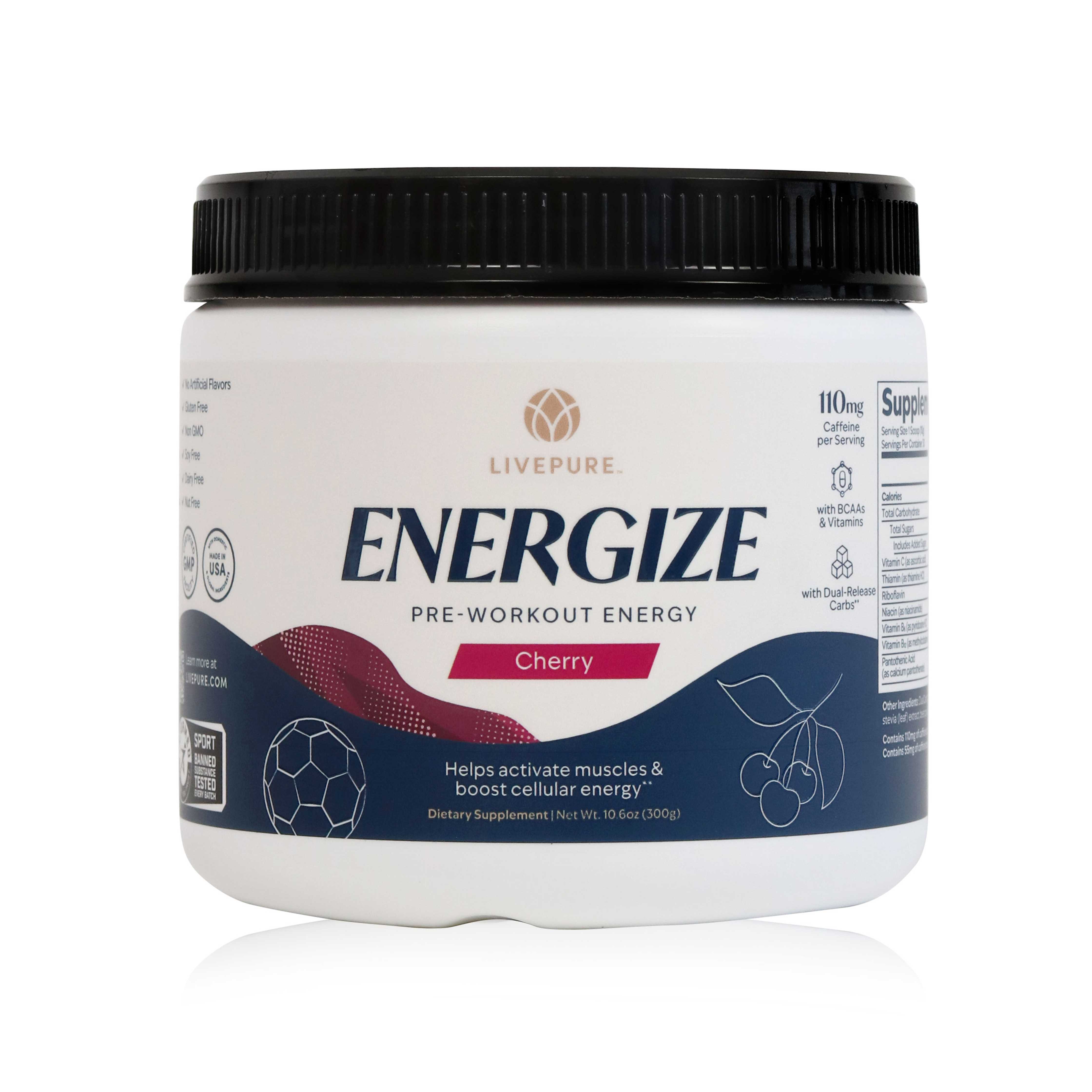 livepure energize. sports supplement. active muscles and energize mental. cellular energy. preworkout. BCAAs. vitamins. dual-release carbs.