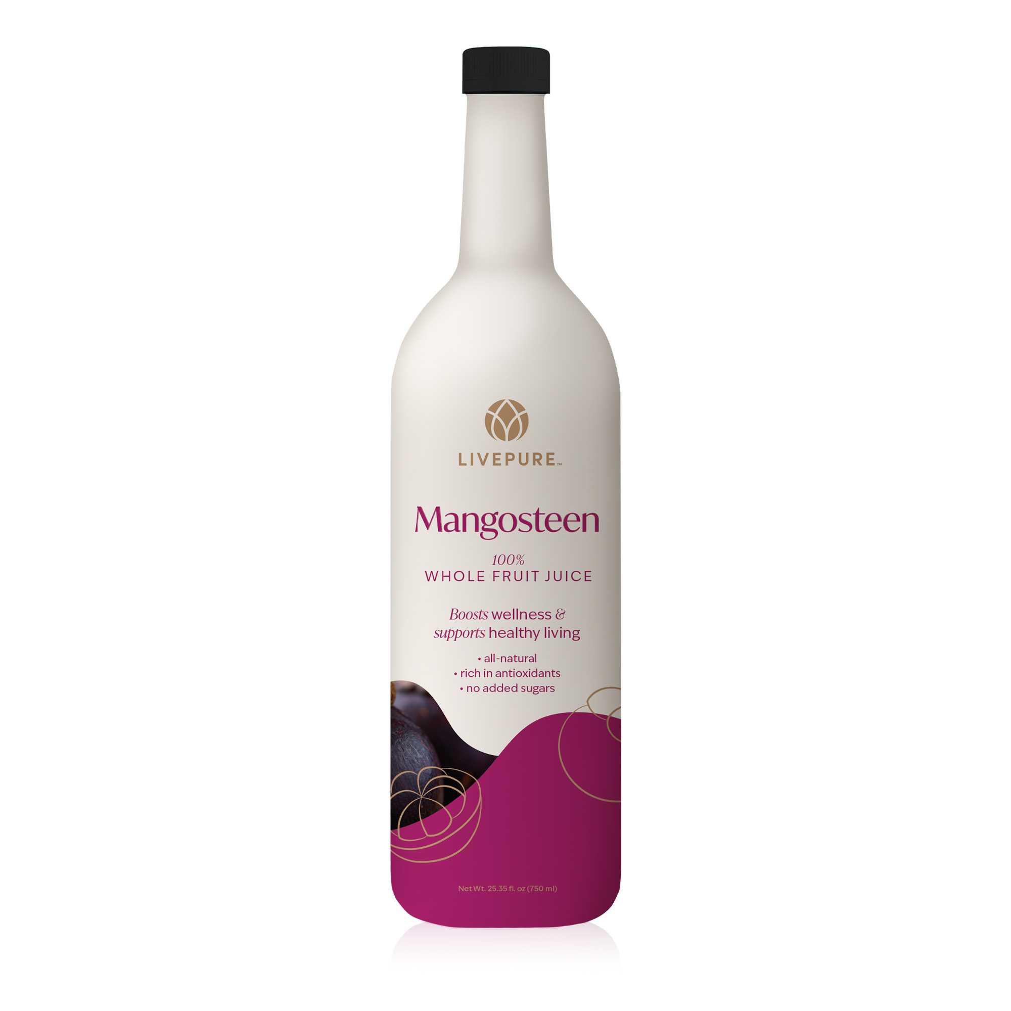 livepure mangosteen superfruit juice. all natural. 100% pure. no added sugars. kosher.