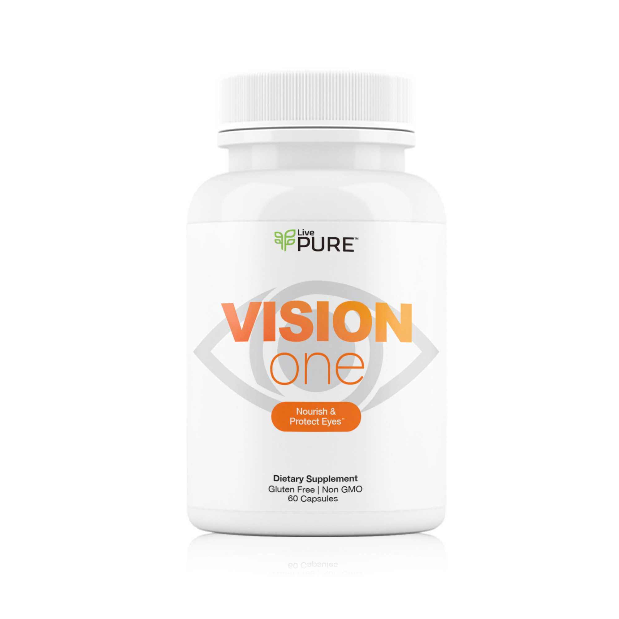 Bottle of Vision One eye health supplement with antioxidant-rich formula. LivePURE supplements.