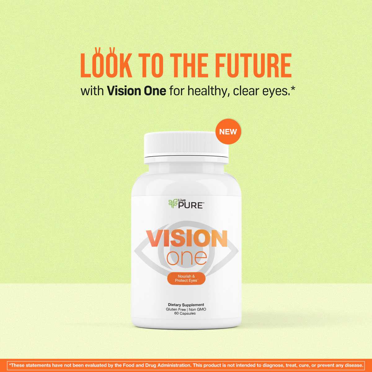 Bottle of Vision One eye health supplement with antioxidant-rich formula. LivePURE supplements.