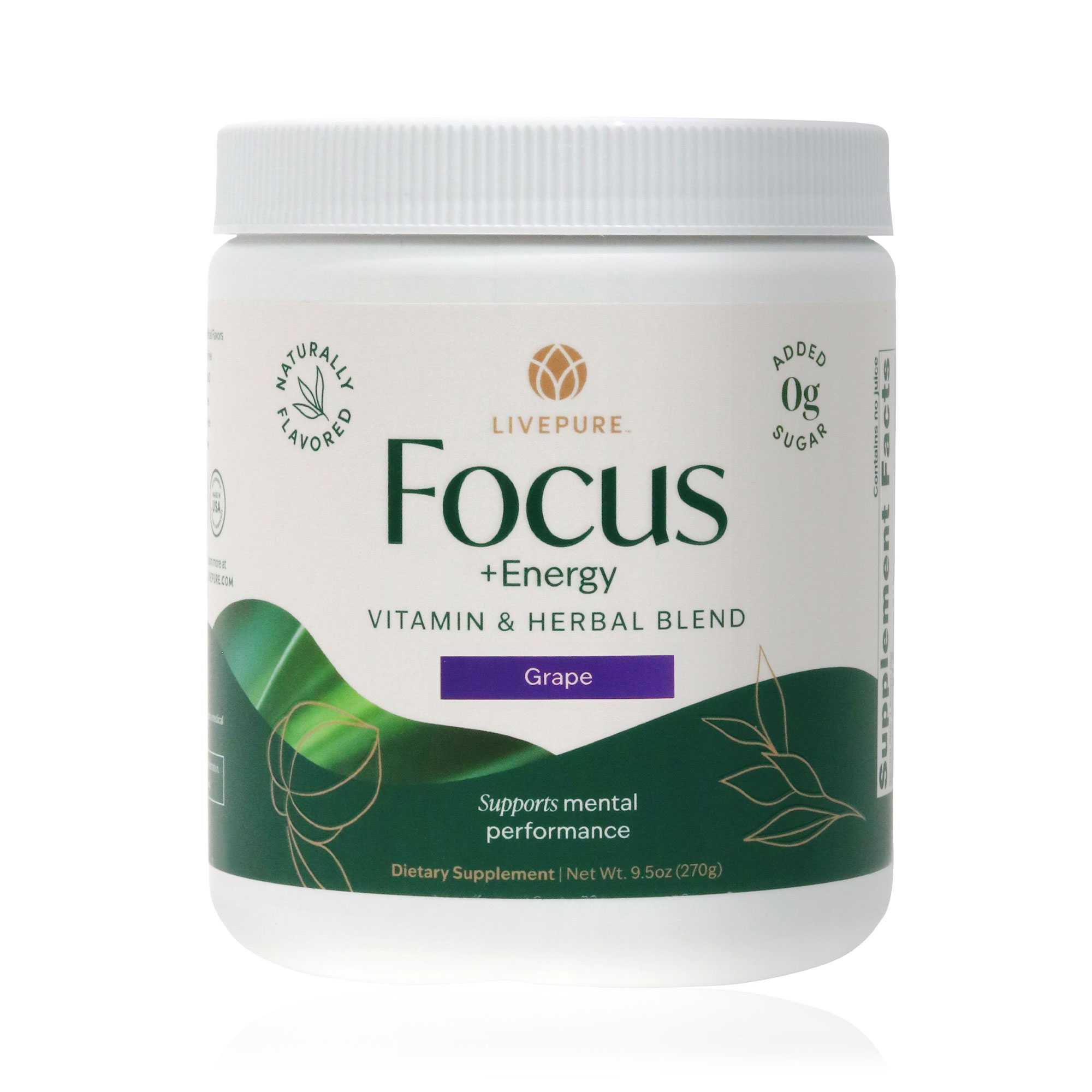Grape Focus + Energy tub with a vitamin and herbal blend—naturally flavored formula designed to boost focus and energy with zero added sugars and natural sources of caffeine