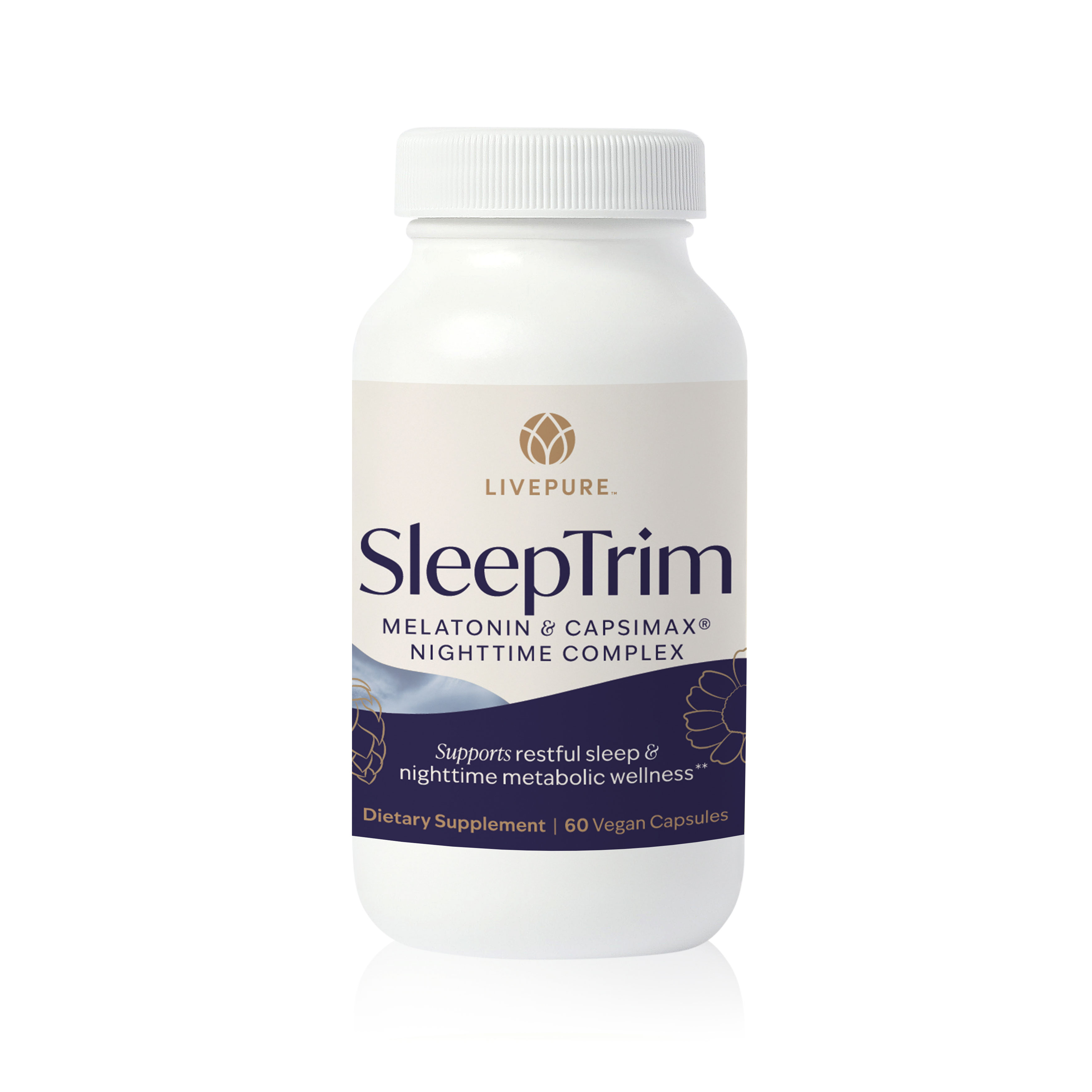 melatonin and capsimax nighttime complete to support restful sleep and nighttime metabolic wellness. sleeptrim. livepure.com.