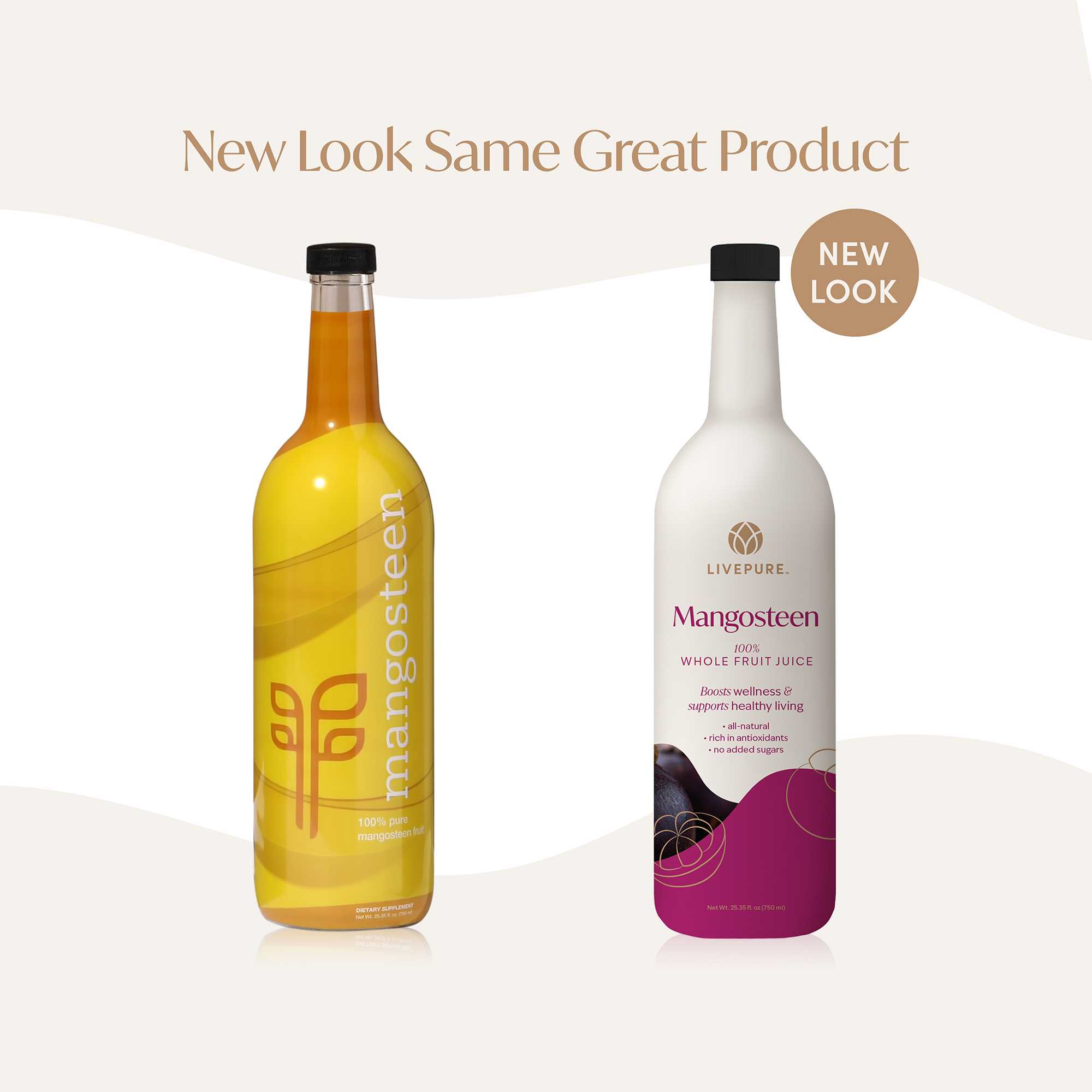 livepure mangosteen superfruit juice. all natural. 100% pure. no added sugars. kosher. Rebranded packaging.