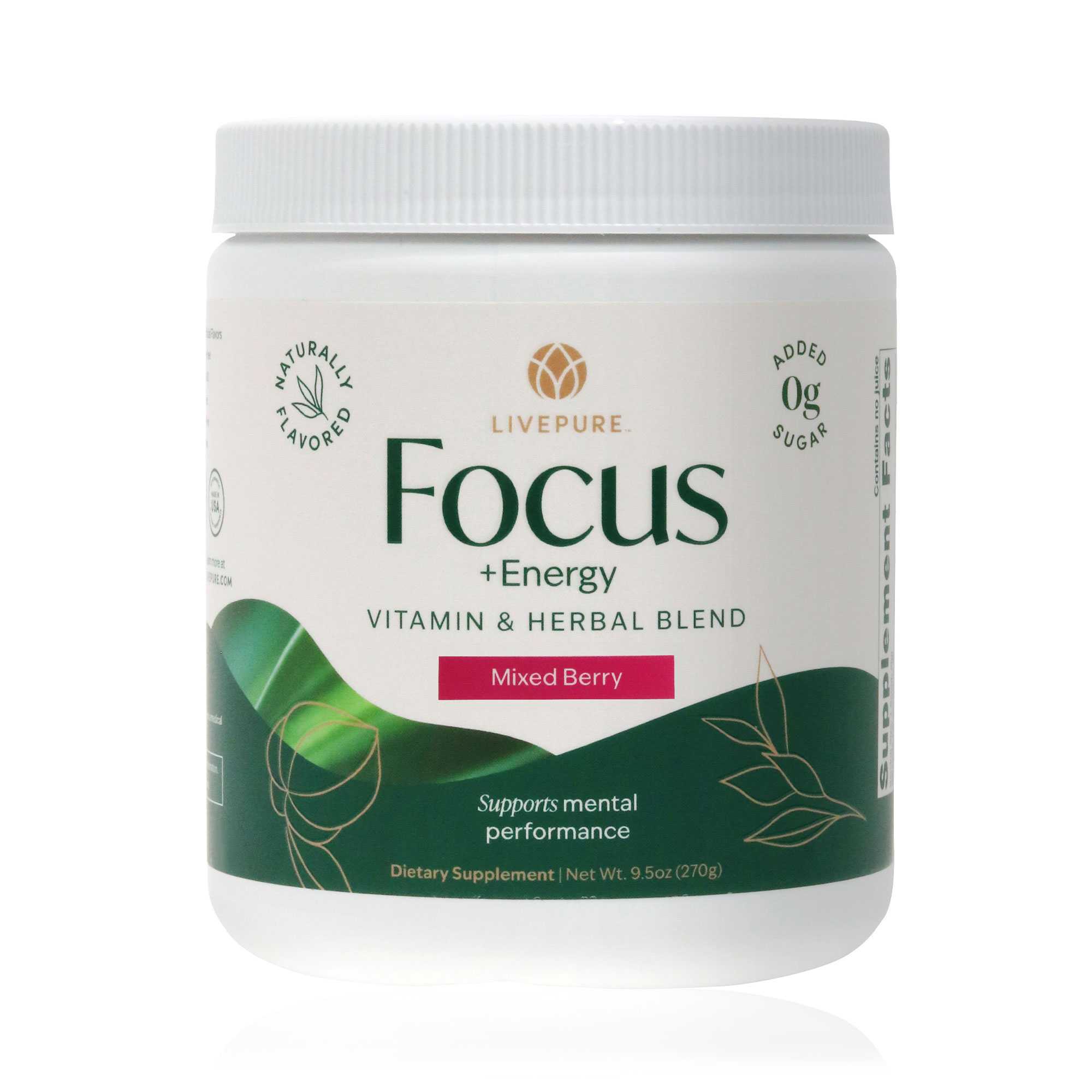 Mixed Berry Focus + Energy tub with a vitamin and herbal blend—naturally flavored formula designed to boost focus and energy with zero added sugars and naturally sourced caffeine