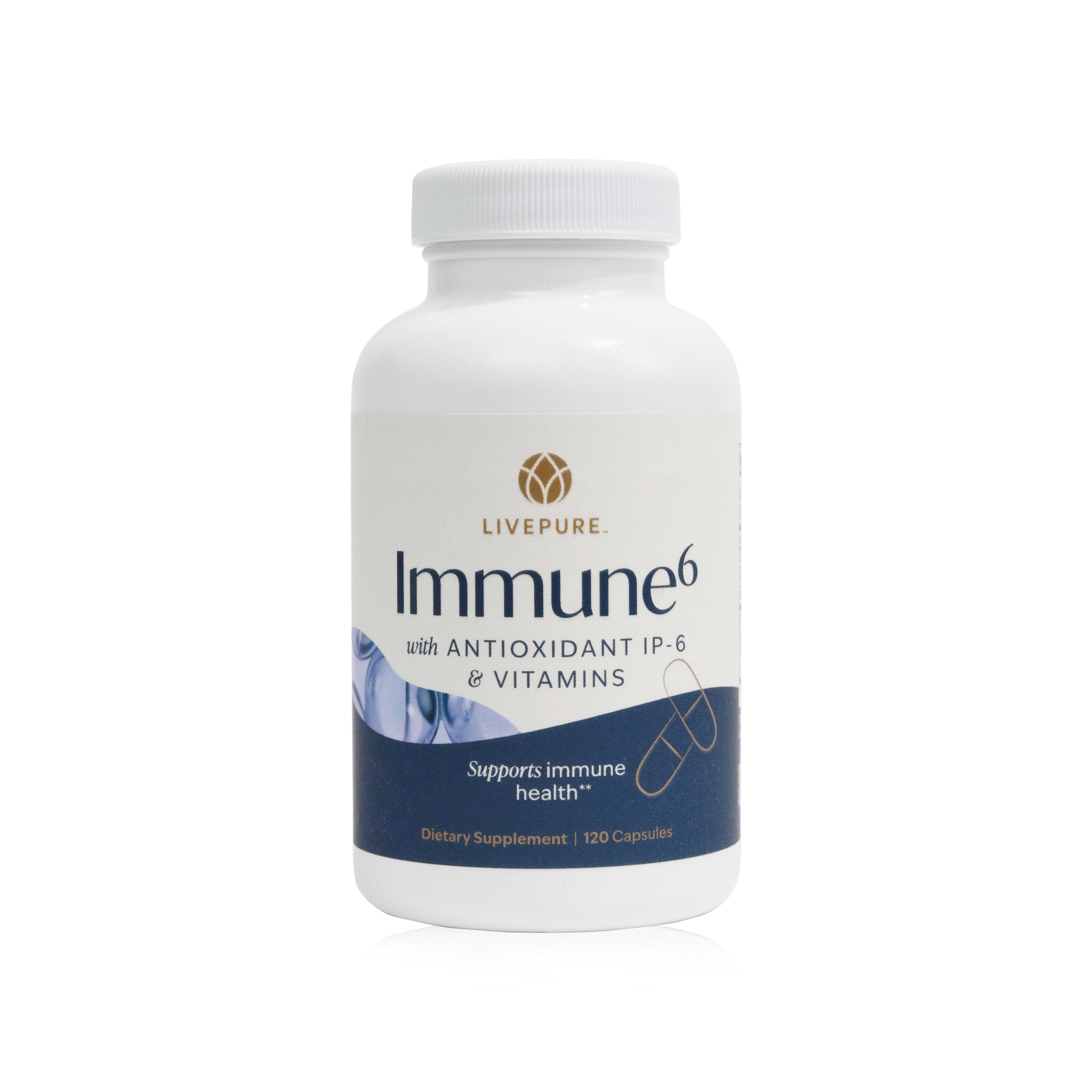 Bottle of Immune 6 supplement by LivePURE, designed to help support the body’s natural immune defenses during seasonal changes and daily stress.