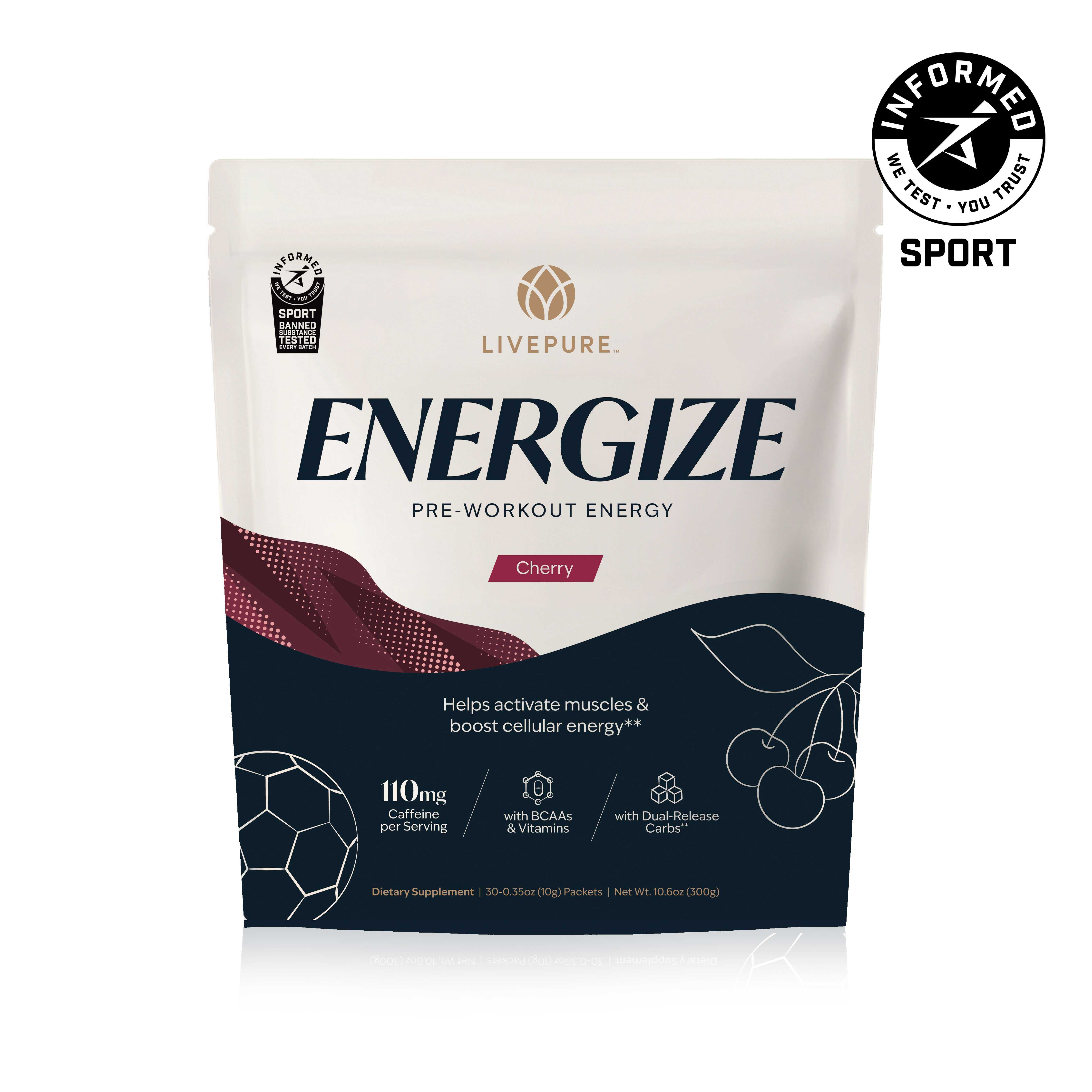 Livepure energize. GPS energize. pre-workout energy. cherry flavor. helps activate muscles and boost cellular energy.